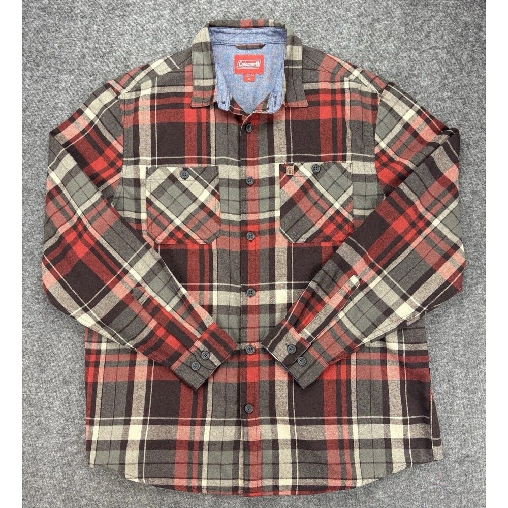 Coleman Men’s XL Flannel Shirt Red Black Gray Plaid 100% Cotton Long Sleeve